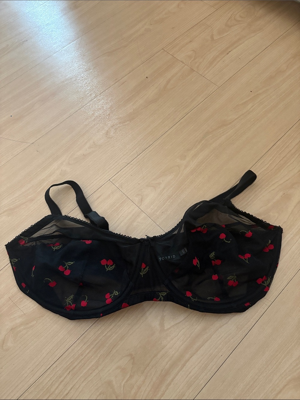 torrid Black Mesh Bra with Red Cherry Embroidery